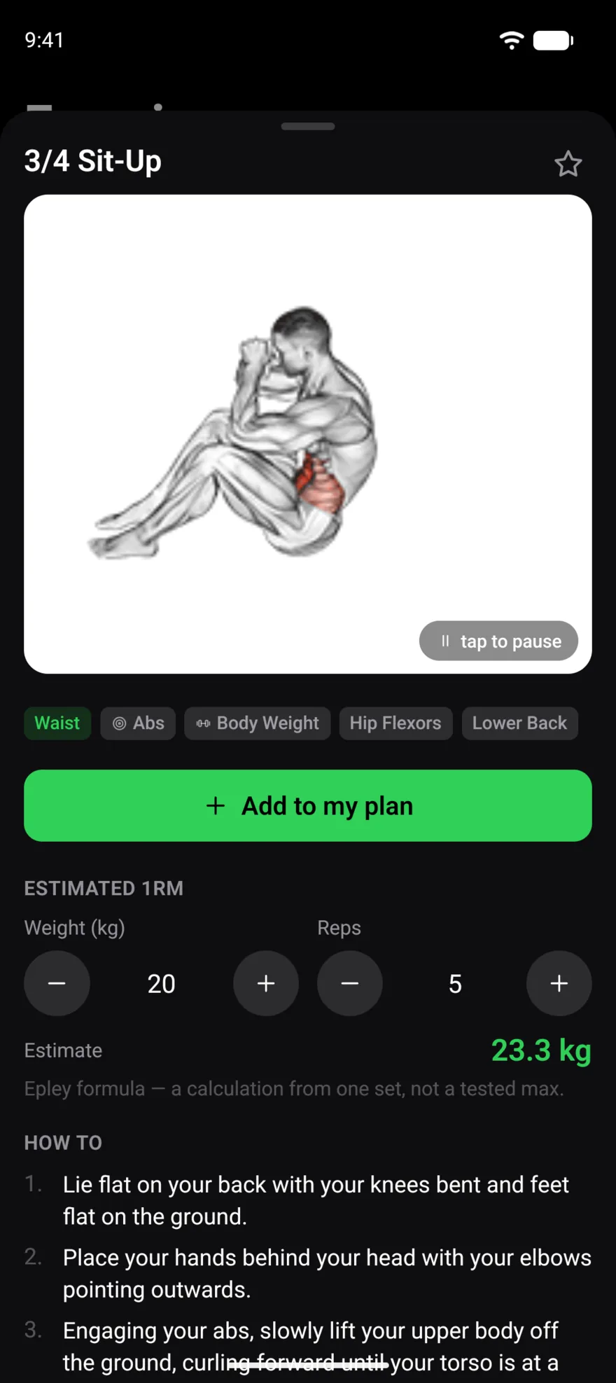 An exercise page for the 3/4 Sit-Up with an animated demo, muscle tags, Add to my plan, an estimated one-rep-max calculator and numbered instructions.