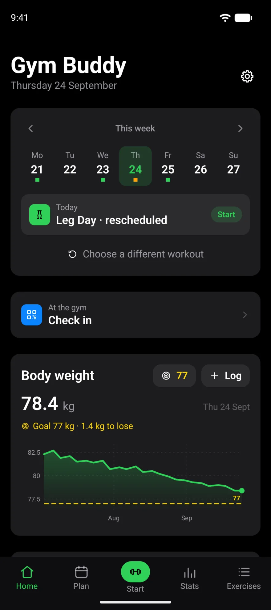 The Gym Buddy home screen: this week's training days, today's Leg Day ready to start, and a body-weight chart falling from 82.5 kg toward a 77 kg goal.
