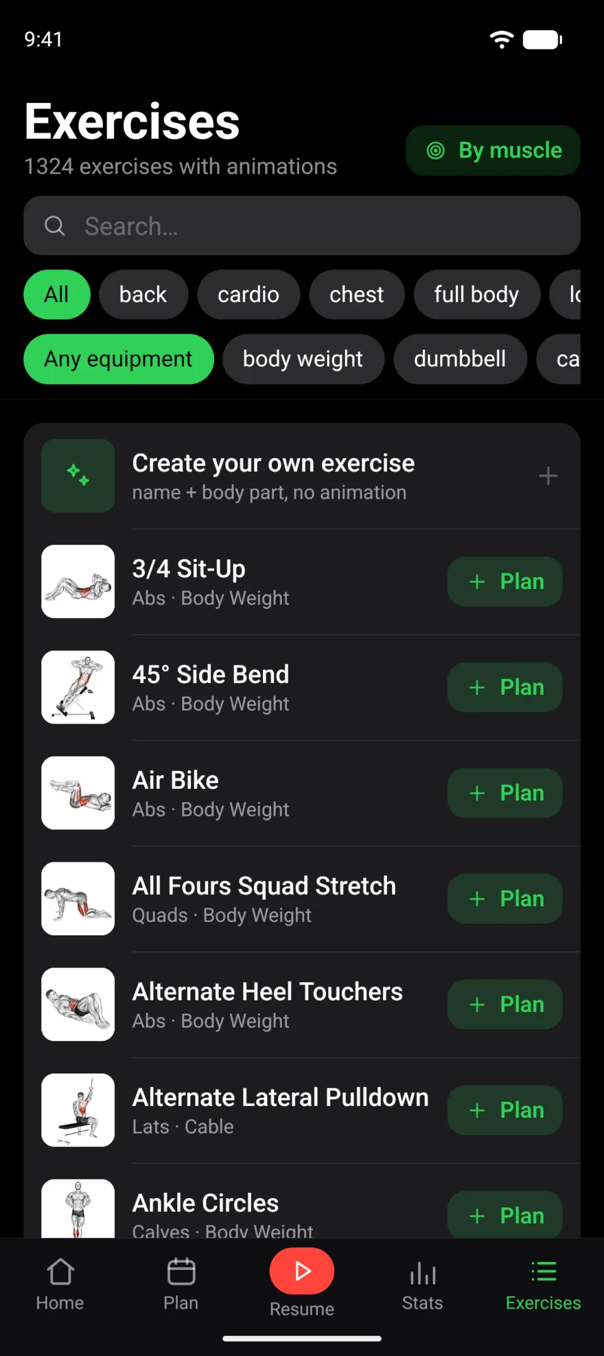 The exercise library: a search field, body-part and equipment filters, and a list of exercises with thumbnails and an Add to plan button on each.