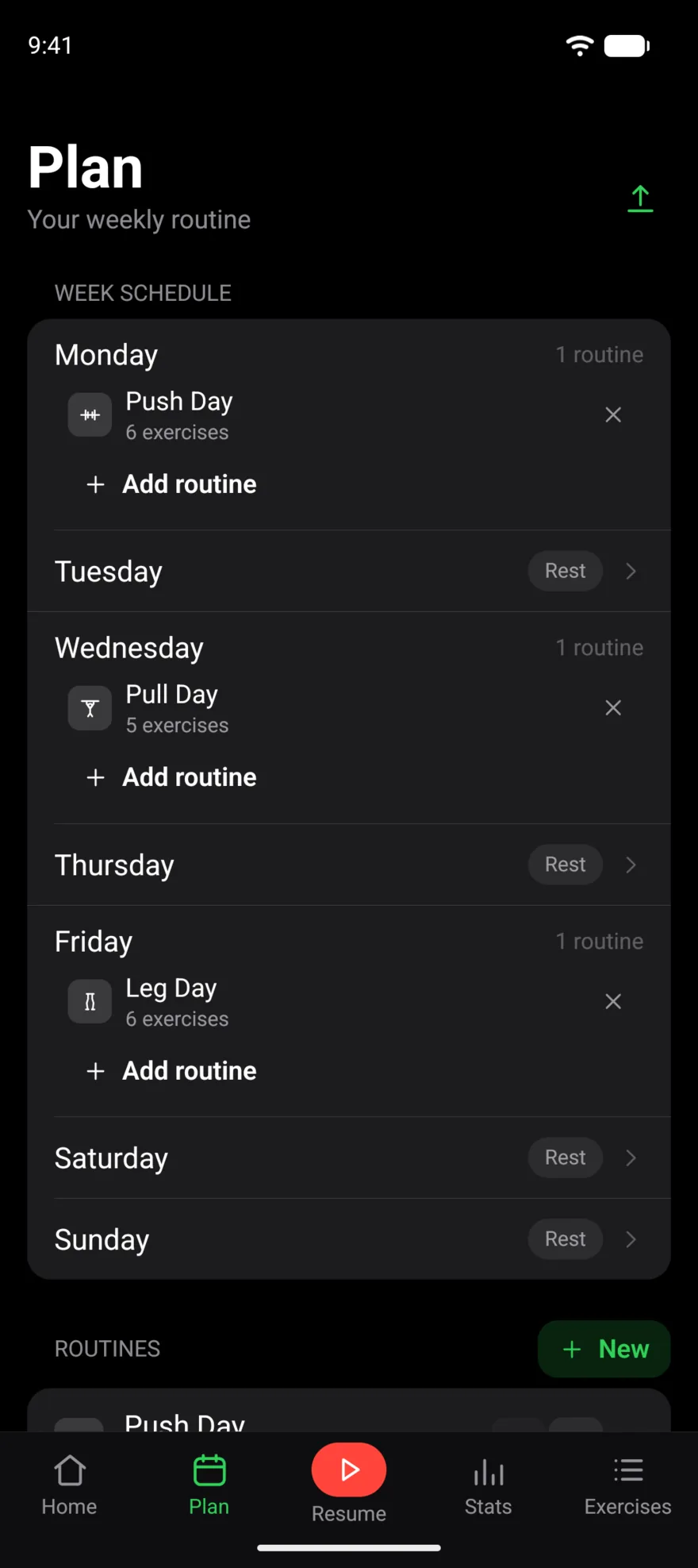 The Plan screen: a week schedule with Push Day on Monday, Pull Day on Wednesday and Leg Day on Friday, and rest days in between.