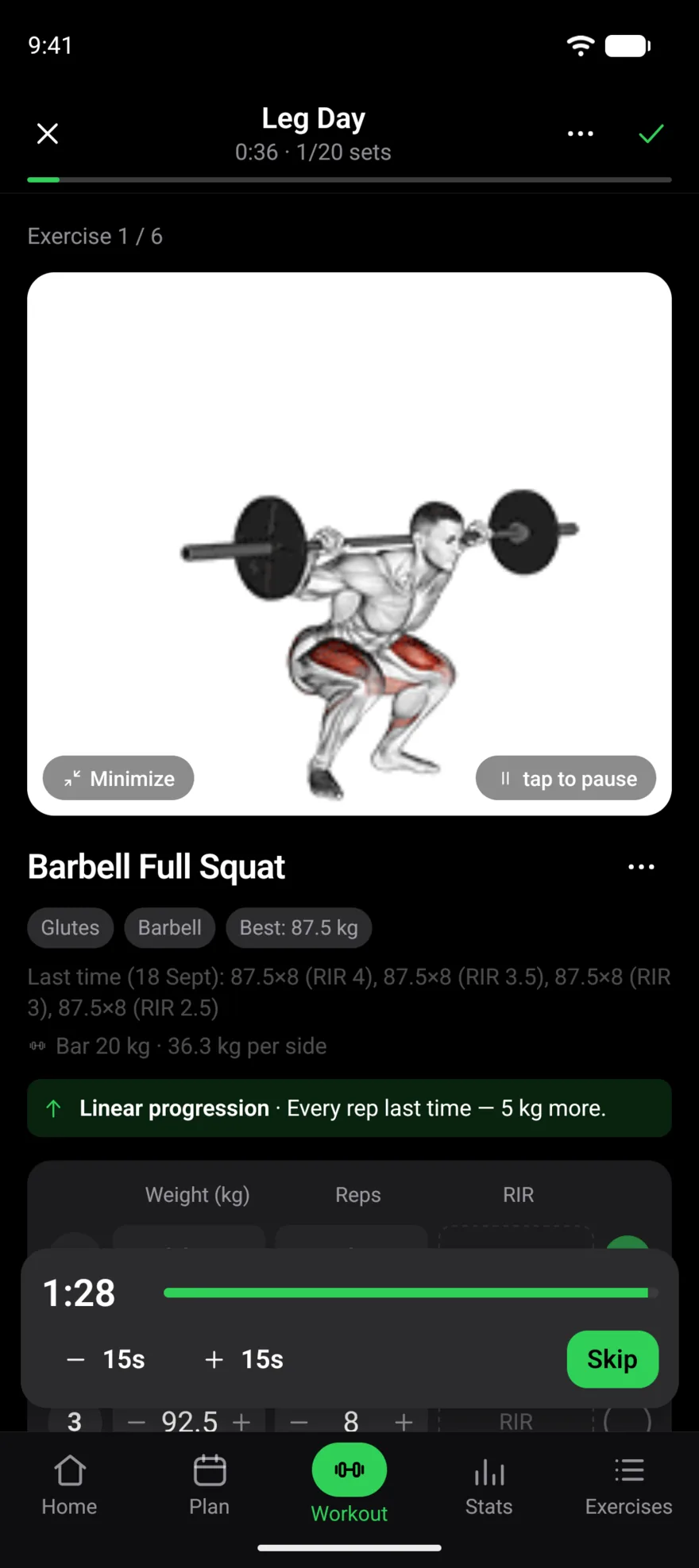 The rest timer counting down from 1:28 at the bottom of the workout screen, with −15 s, +15 s and Skip buttons.