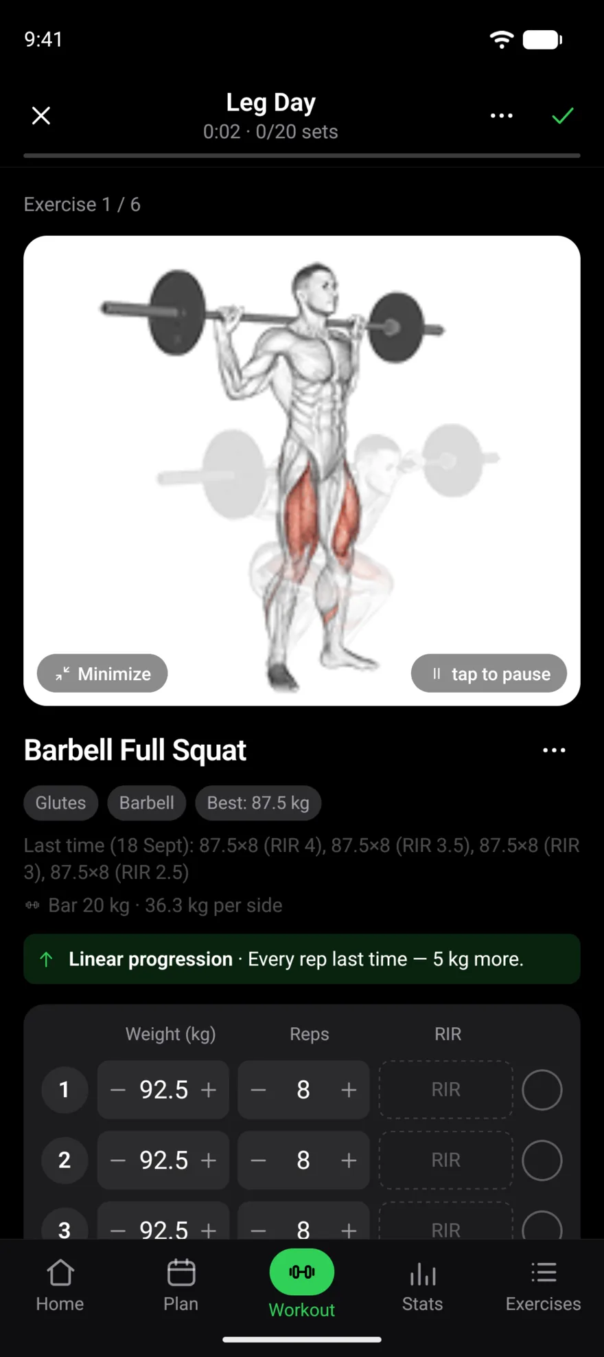 A Leg Day workout: Barbell Full Squat with last session's sets and the note 'Linear progression: every rep last time, 5 kg more', with 92.5 kg prefilled for each set.